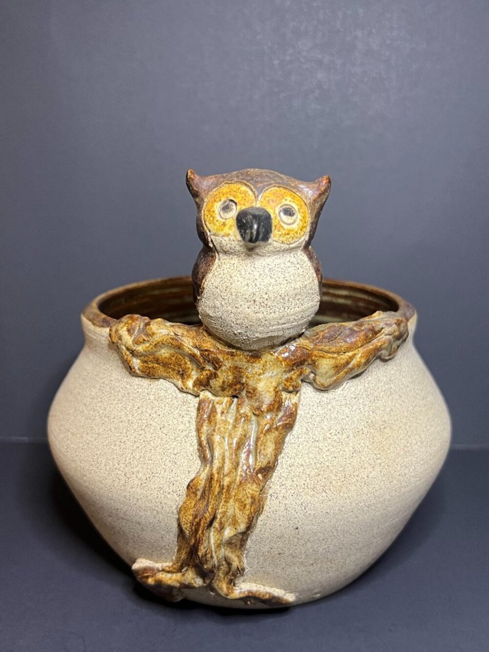 Vintage Signed Maza Whimsical Pottery Art Glazed Owl on Branch Planter Cache Pot